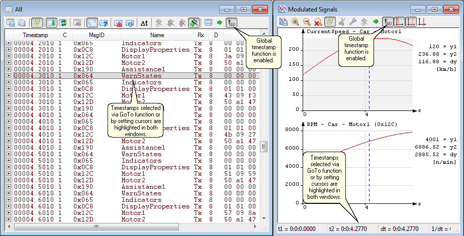 Example: Global timestamp functionality is active in both windows. Cursor positions are displayed simultaneously in the trace as well as the plot window (in all individual signals inside the plot window). Cursors can be set either using the GoTo function from any window, or by setting a cursor in one the windows. 