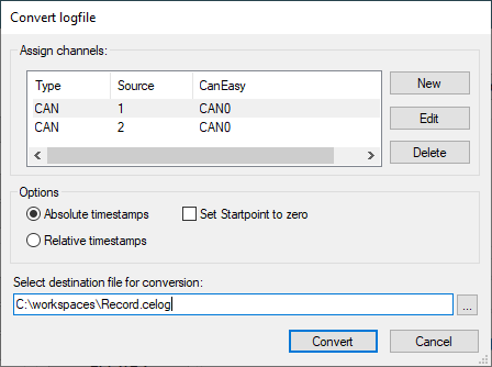 Conversion dialog for logfiles